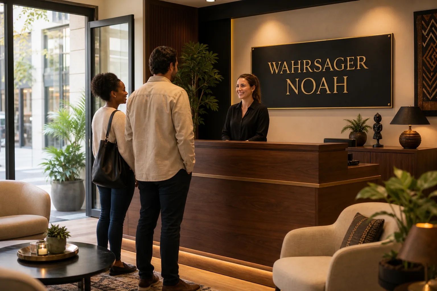 Moderner öffentlicher Empfang mit der gut lesbaren Platte Wahrsager Noah