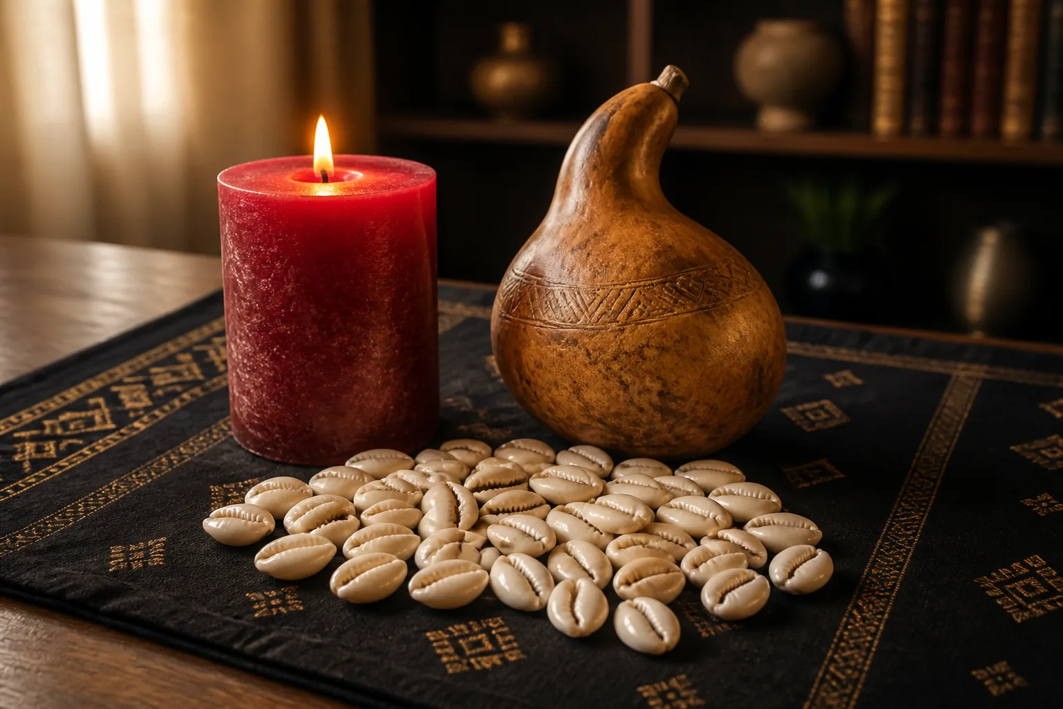 Rote Kerze, Kalebasse und Kaurimuscheln für spirituelle Reinigung und Schutz vor negativer Energie